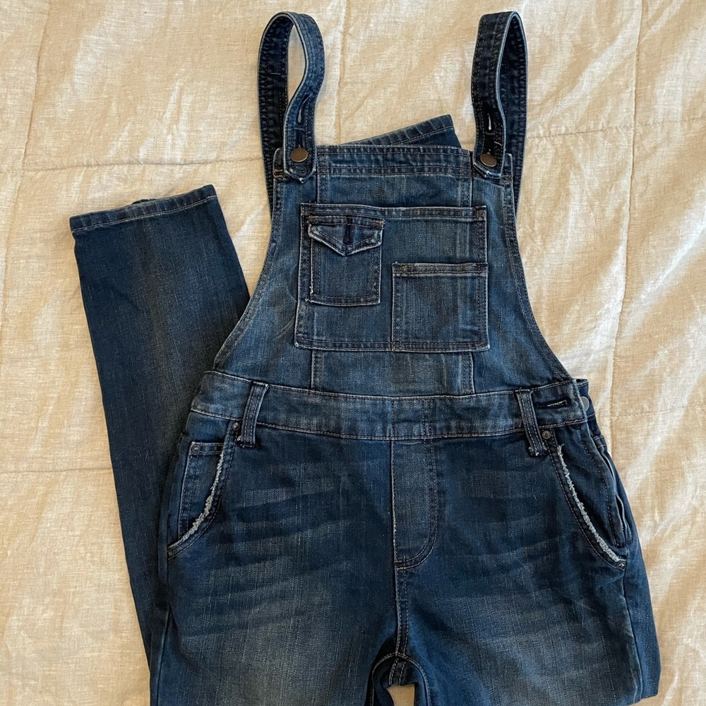 Free people distressed stretch denim overalls